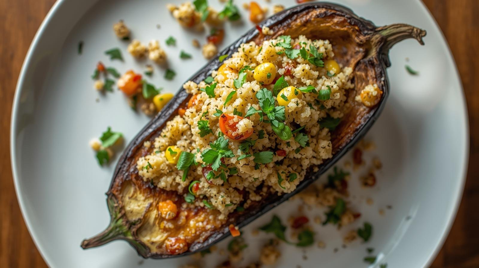 Berinjela Recheada com Quinoa e Tomate